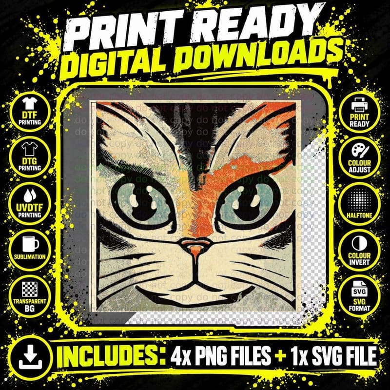 Intense Cat Artwork a Full Feline Face in Lovely Colors Png SVG Digital Bundle