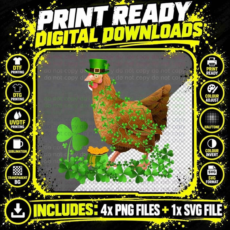 Irish Shamrock Leaf Leprechaun Hat Chicken St. Patrick's Png SVG Digital Bundle
