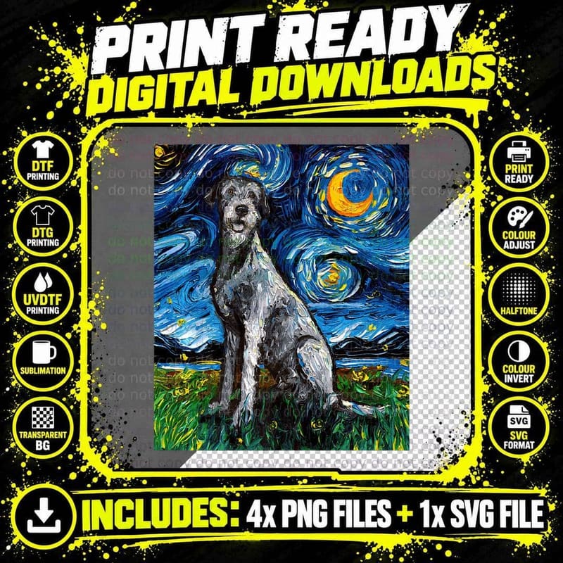 Irish Wolfhound Starry Night Impressionist Dog Art by Png SVG Digital Bundle