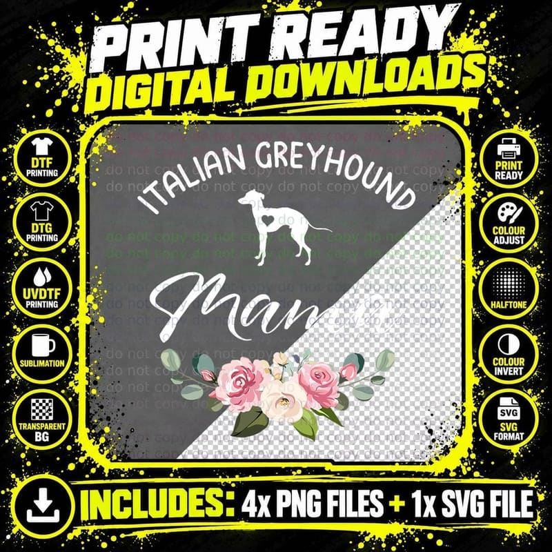 Italian Greyhound Dog Mama Silhouette Mom Mother's Day Png SVG Digital Bundle