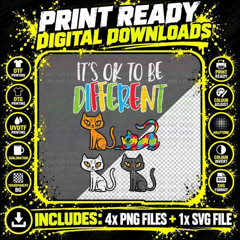 Its Ok to Be Different Cat Puzzle Cute Autism Awareness Png SVG Digital Bundle