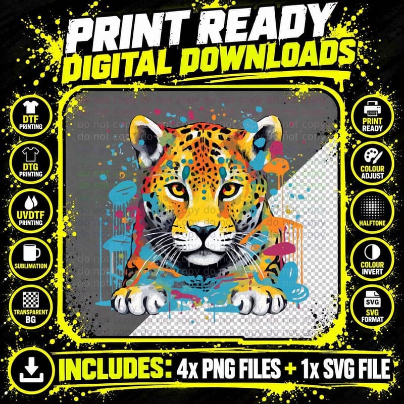 Jaguar Big Cat Splash Art Graphic Design Men Women Kids Png SVG Digital Bundle