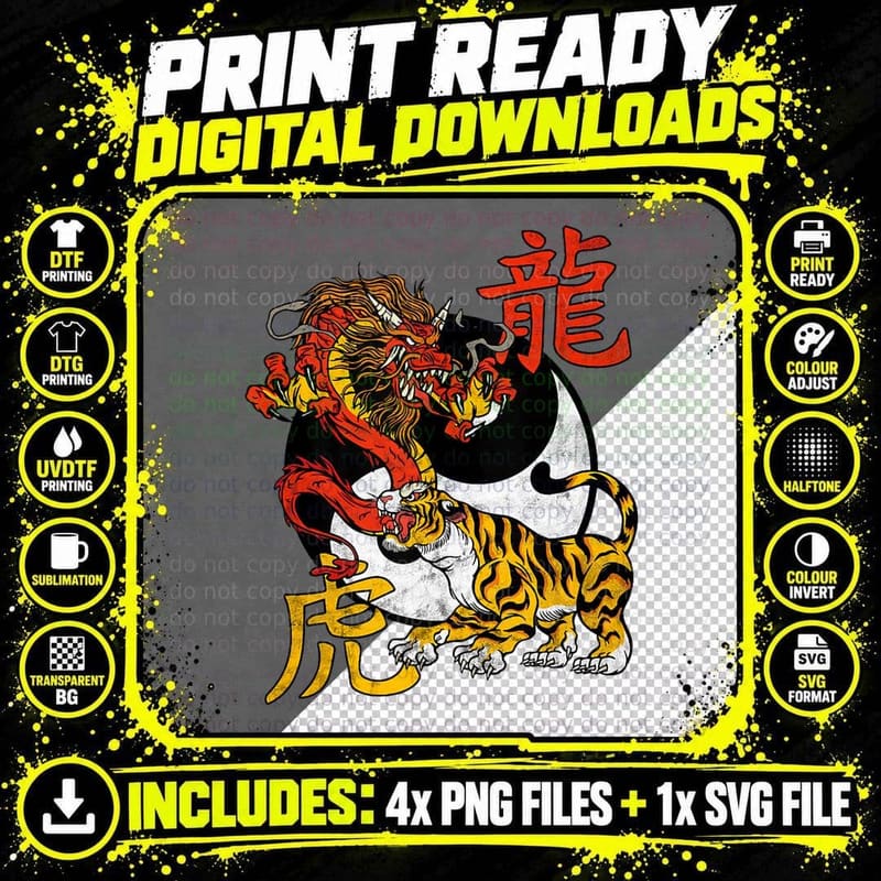 Japanese Aesthetic Chinese Zodiac Yin Yang Dragon and Png SVG Digital Bundle