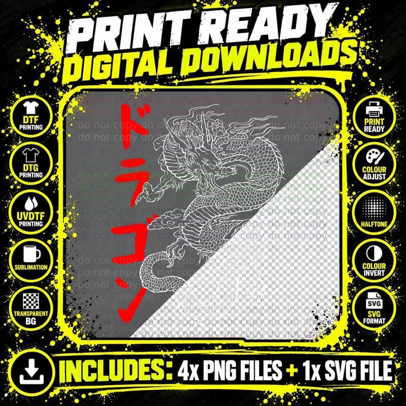 Japanese Aesthetic Dragon Symbol Kanji Japan Tattoo Art Png SVG Digital Bundle