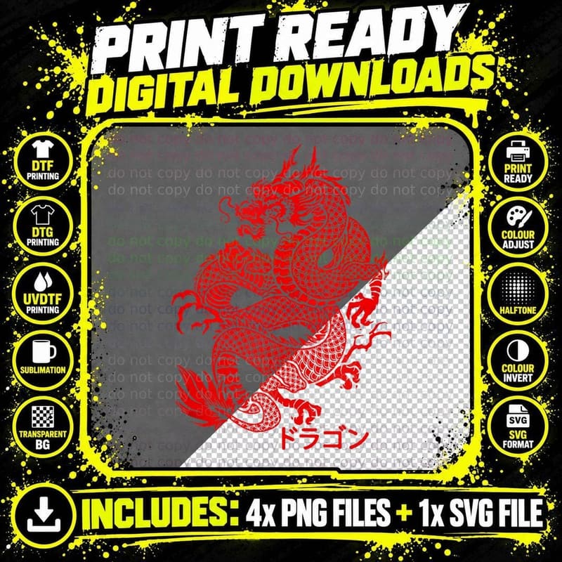 Japanese Aesthetic Red Dragon Symbol Kanji Japan Tattoo Png SVG Digital Bundle