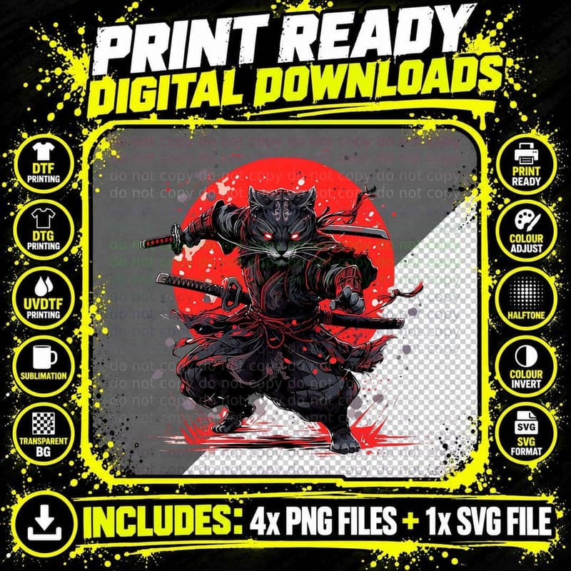 Japanese Ninja Cat Graphic for Men Boys Women Kids Png SVG Digital Bundle