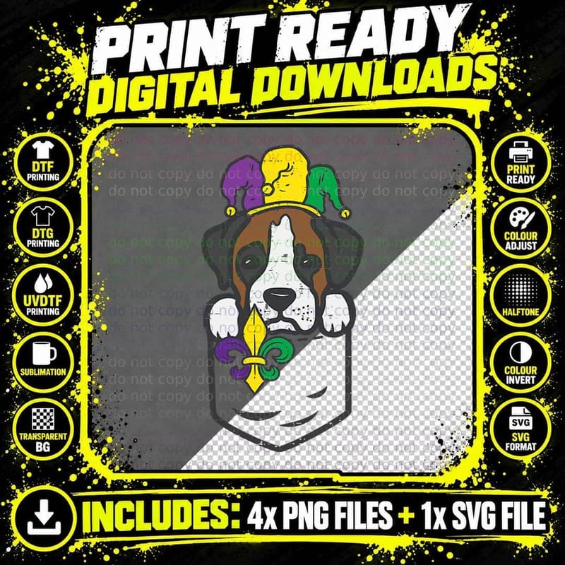 Jester Boxer Feet Mardi Gras Pocket Funny Dog Men Women Png SVG Digital Bundle