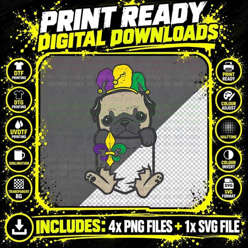 Jester Pug Mardi Gras Pocket Dog Men Women Kids T-Shirt Png SVG Digital Bundle