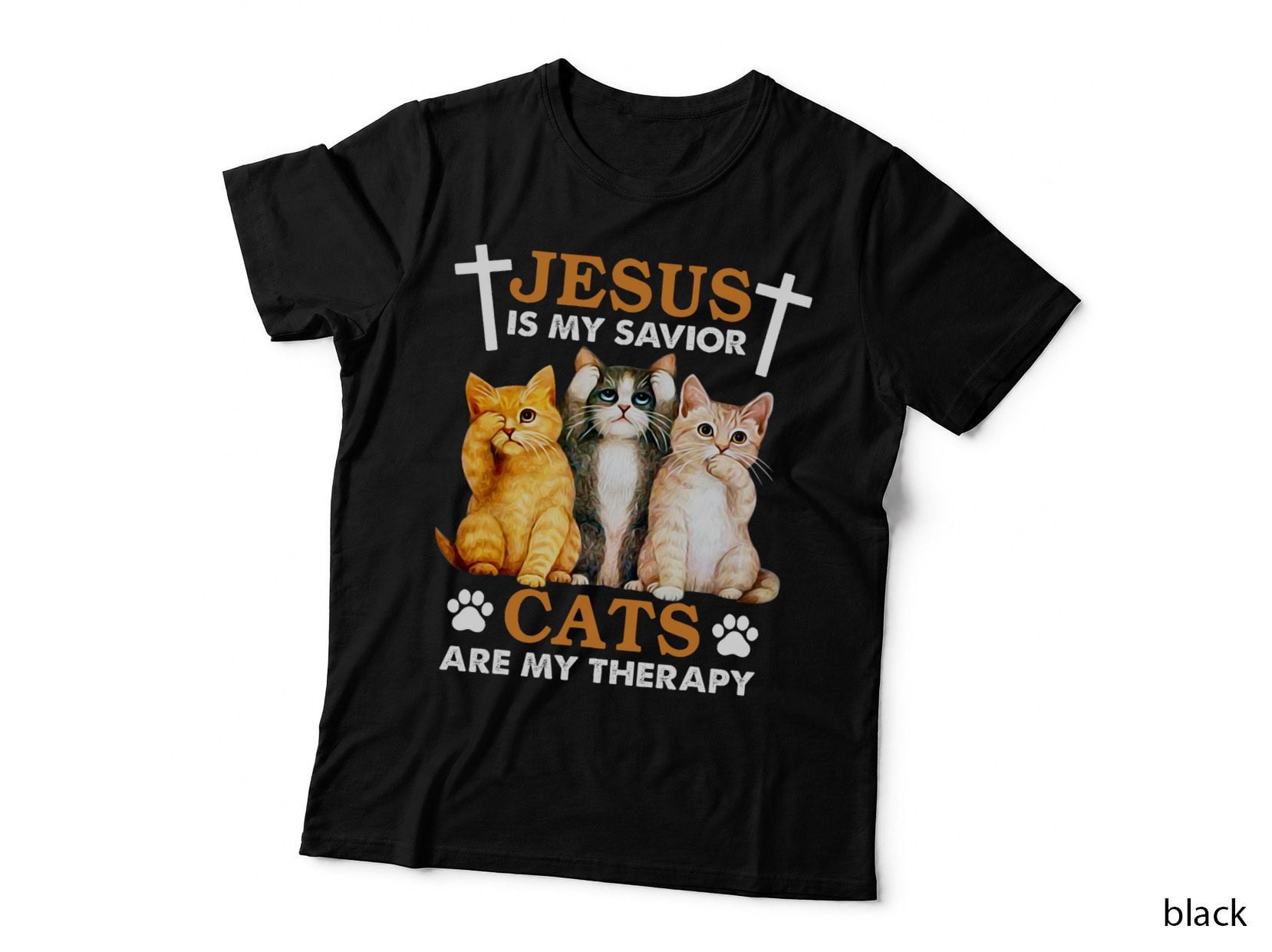 Jesus Is My Savior Cats Are My Therapy Christian Funny Cat T-Shirt