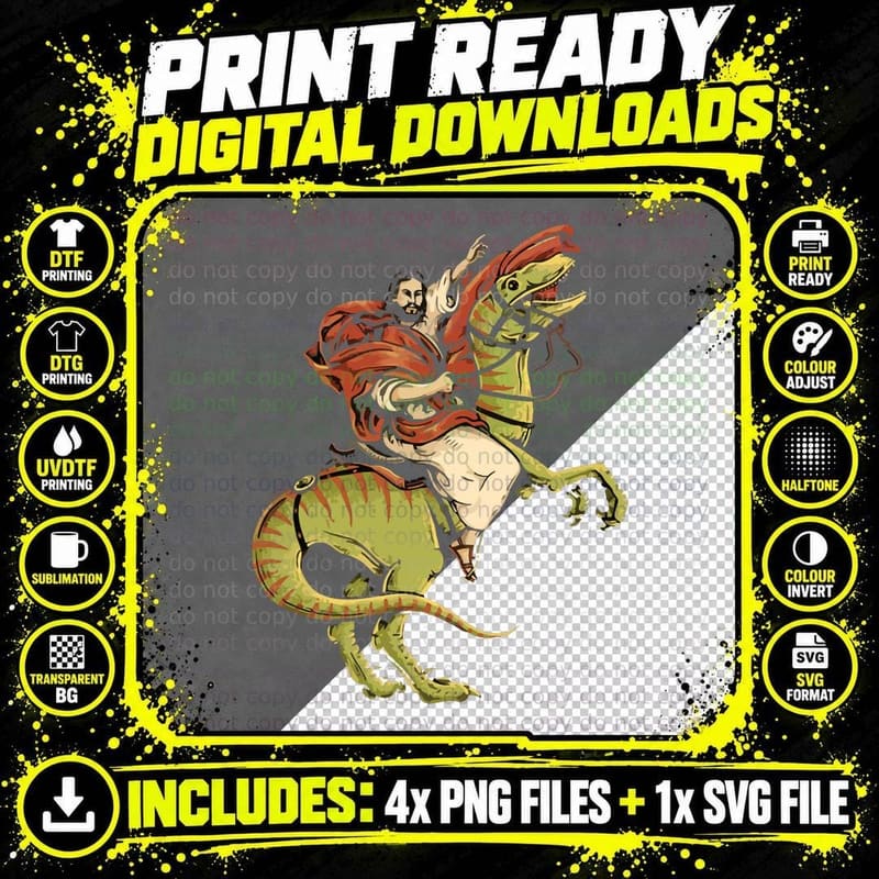Jesus Riding Dinosaur Velociraptor Funny Jesus Christ Png SVG Digital Bundle