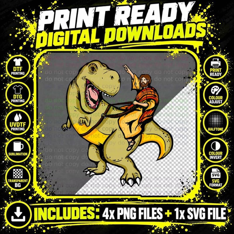 Jesus Riding a T-Rex Dinosaur Funny T-Shirt Apparel Png SVG Digital Bundle