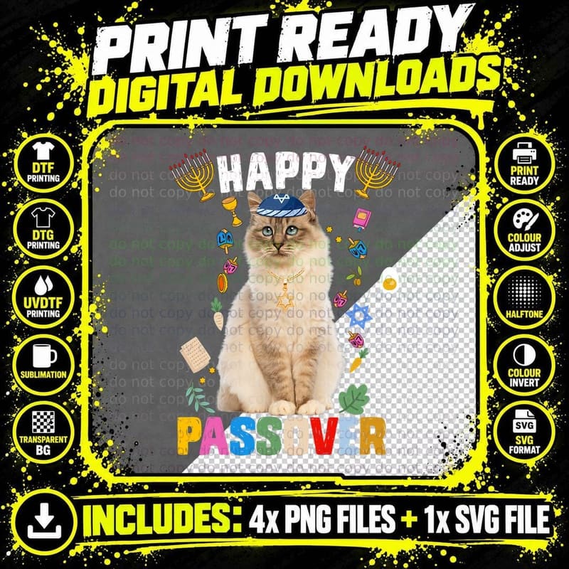 Jewish Cat Kippah Happy Passover Matzah Passover Holiday Png SVG Digital Bundle