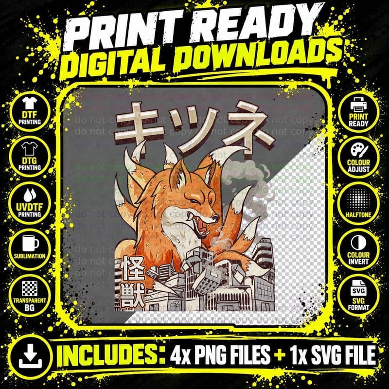 Kaiju Kitsune Nine Tailed Fox Japanese Monster T-Shirt Png SVG Digital Bundle