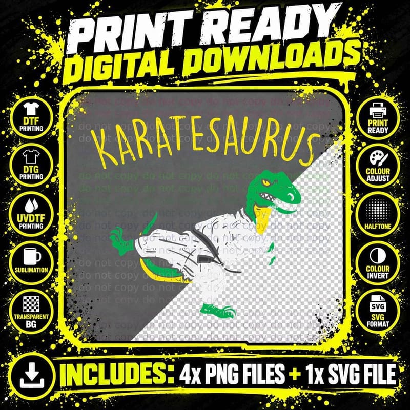 Karatesaurus Trex Karate Funny Dinosaur Martial Arts Png SVG Digital Bundle