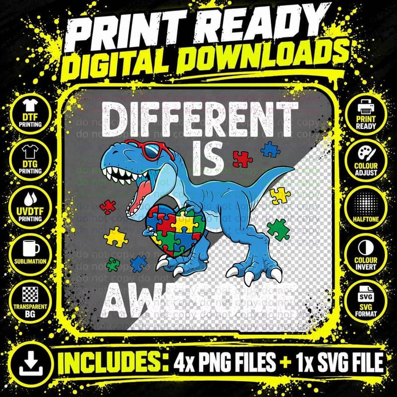 Kid's Autism Different Is Awesome Dinosaur Autism Png SVG Digital Bundle