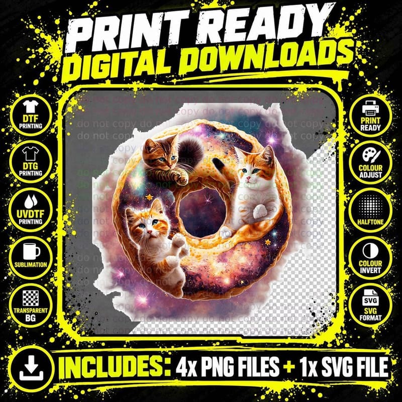 Kittens in Space with Donuts Cute Cat Boys Girls T-Shirt Png SVG Digital Bundle