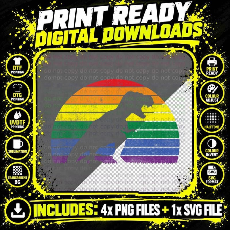 LGBT - T-Rex Gay Pride Lesbian Dinosaur Sunset Png SVG Digital Bundle