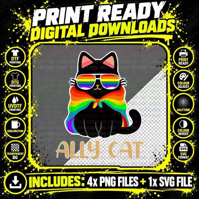 LGBT Ally Cat Be Kind Gay Rainbow Funny LGBTQ Gift Idea Png SVG Digital Bundle