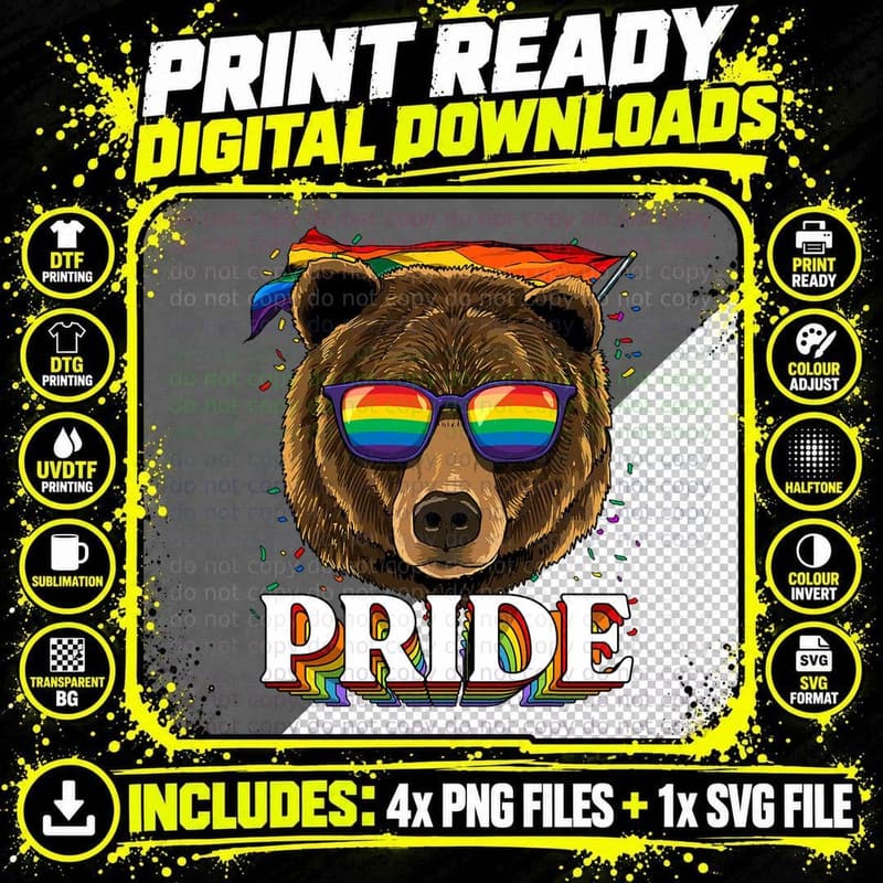 LGBT Bear Gay Pride LGBTQ Rainbow Flag Sunglasses T-Shirt Png SVG Digital Bundle