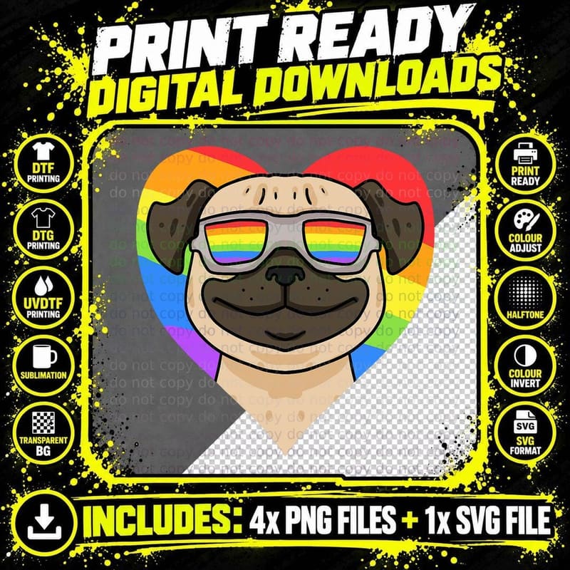 LGBT Rainbow - Pug Dog - Gay Pride - LGBT Heart Animal Png SVG Digital Bundle