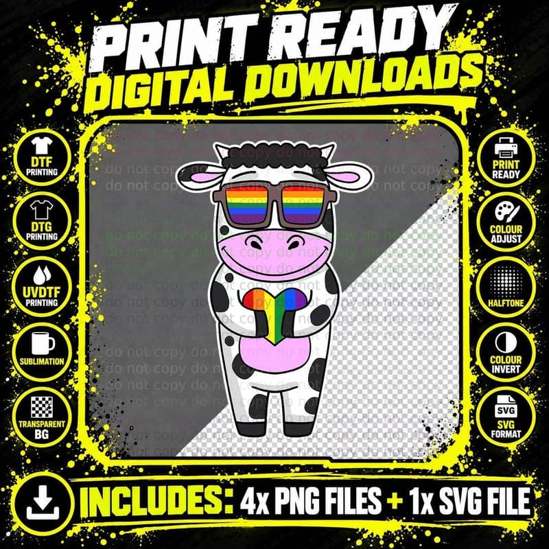 LGBT Supporter Cow Rainbow Gay Pride - LGBT Heart Animal Png SVG Digital Bundle