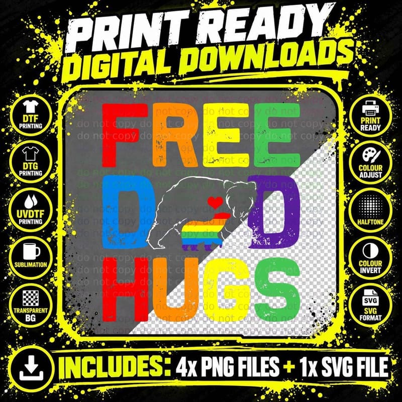 LGBTQ Bear Free Dad Hugs Proud Ally Daddy Rainbow Flag Png SVG Digital Bundle