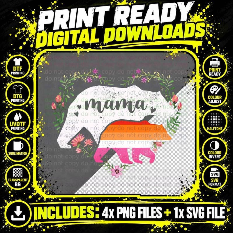 LGBTQ Mama Bear Lesbian Pride Equal Rights Rainbow Png SVG Digital Bundle