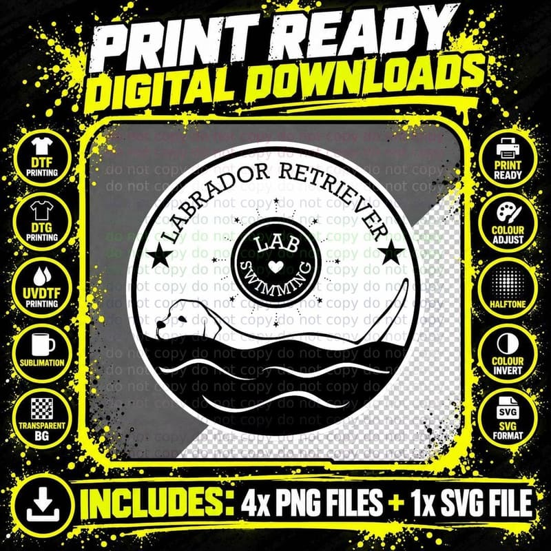 Labrador Retriever Dog Sea Swimming Monochrome Monotone Png SVG Digital Bundle
