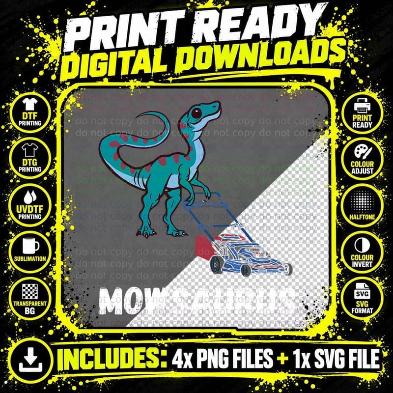 Lawn Mower Dinosaur Lawn Mowing Gardening Landscaper Png SVG Digital Bundle