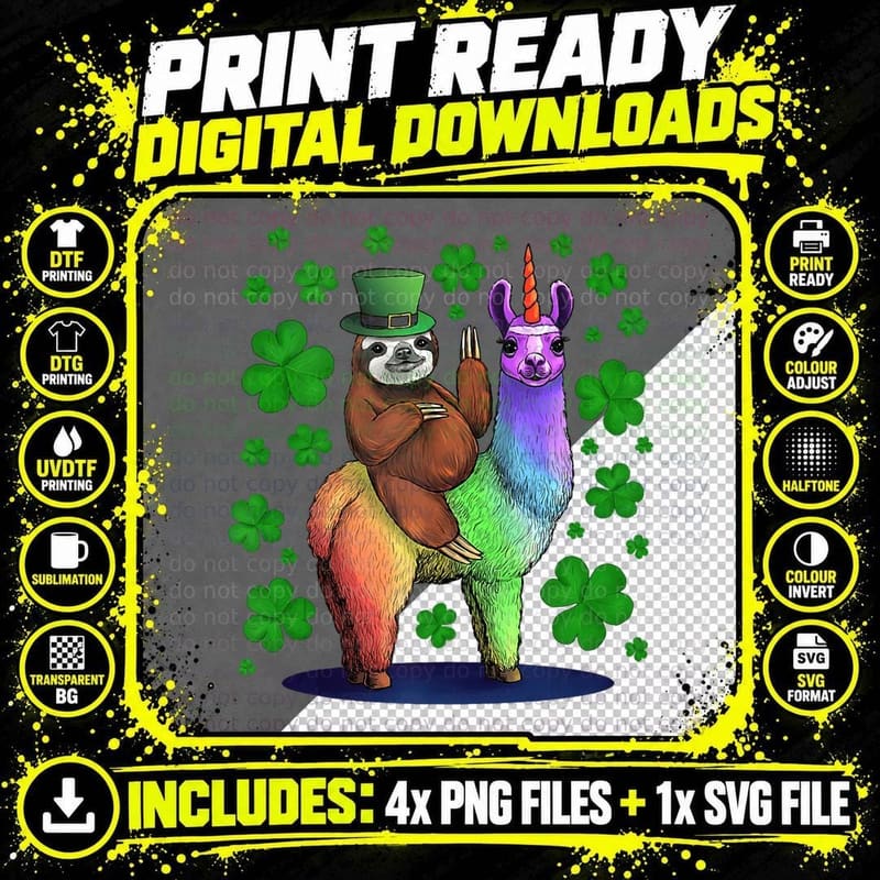 Leprechaun Sloth Riding Llama Unicorn St Patricks Day Png SVG Digital Bundle