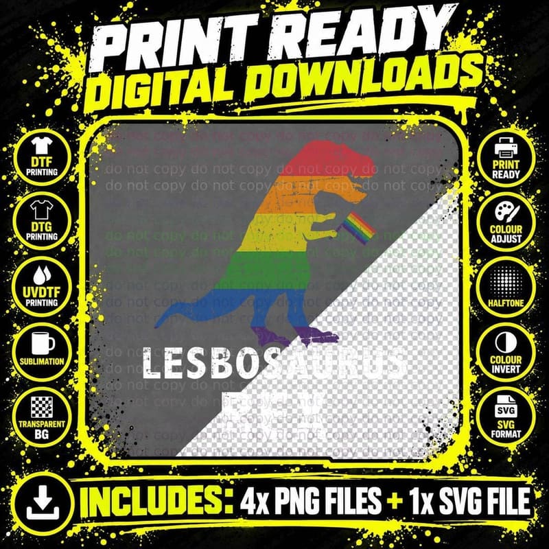 Lesbosaurus Rex Dinosaur in Rainbow Flag for Lesbian Png SVG Digital Bundle