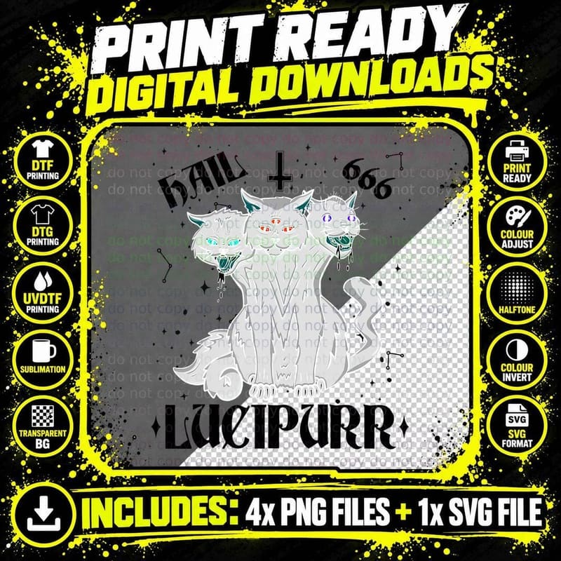 Lucipurr Hail Satan Occult Satanic Cat Cerberus Png SVG Digital Bundle