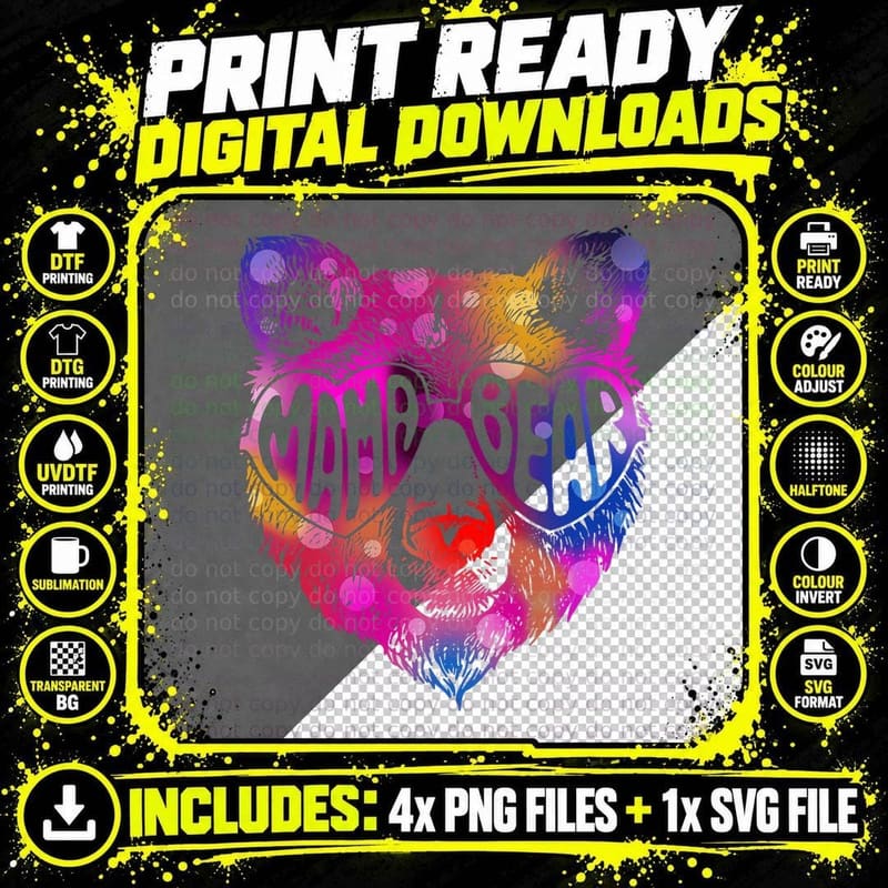Mama Bear Face Sunglasses Tie Dye Mom Mommy Mother's Day Png SVG Digital Bundle