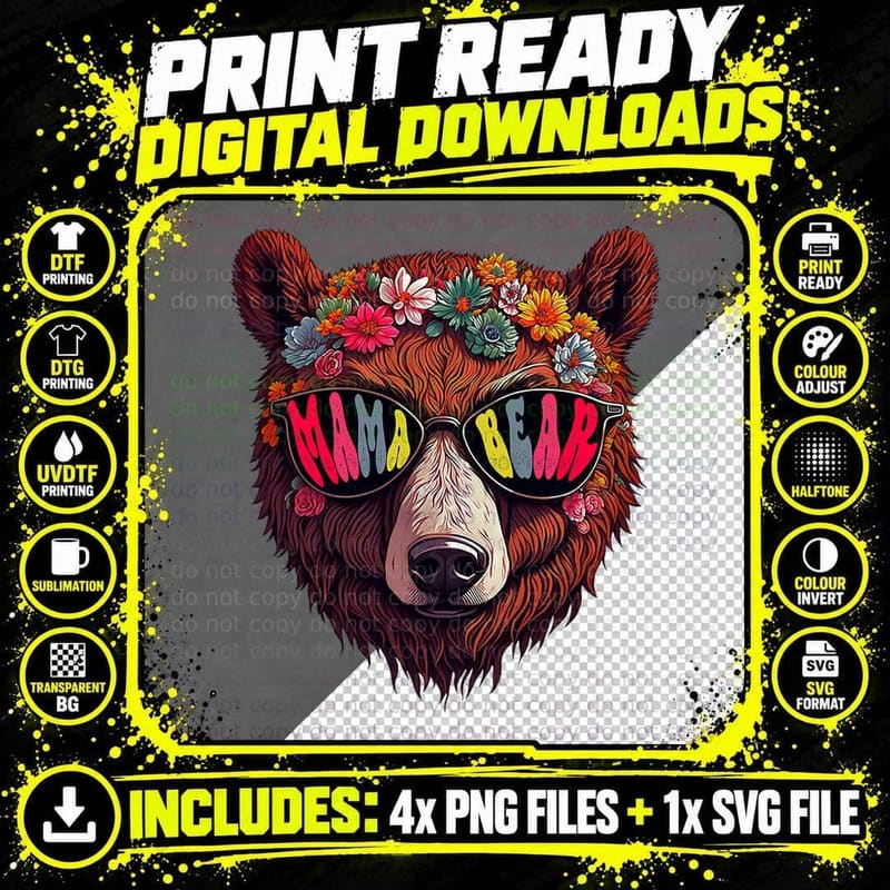 Mama Bear Sunglasses Flower Headband Bandana Groovie Png SVG Digital Bundle