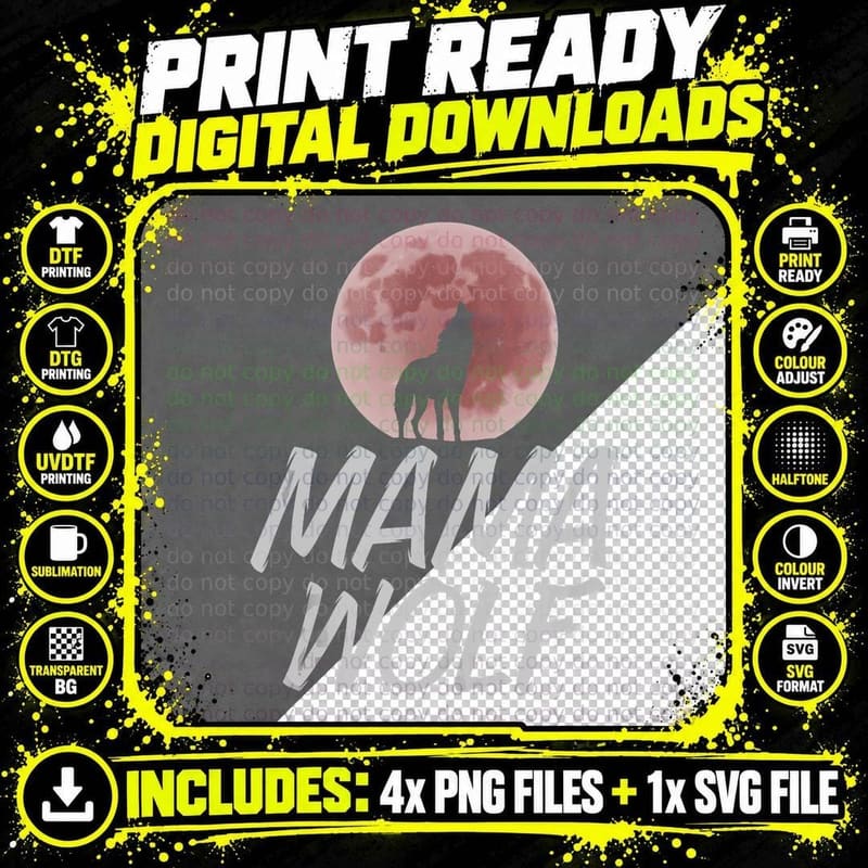 Mama Wolf Predator Animal Mothers Day Red Moon Howling Png SVG Digital Bundle