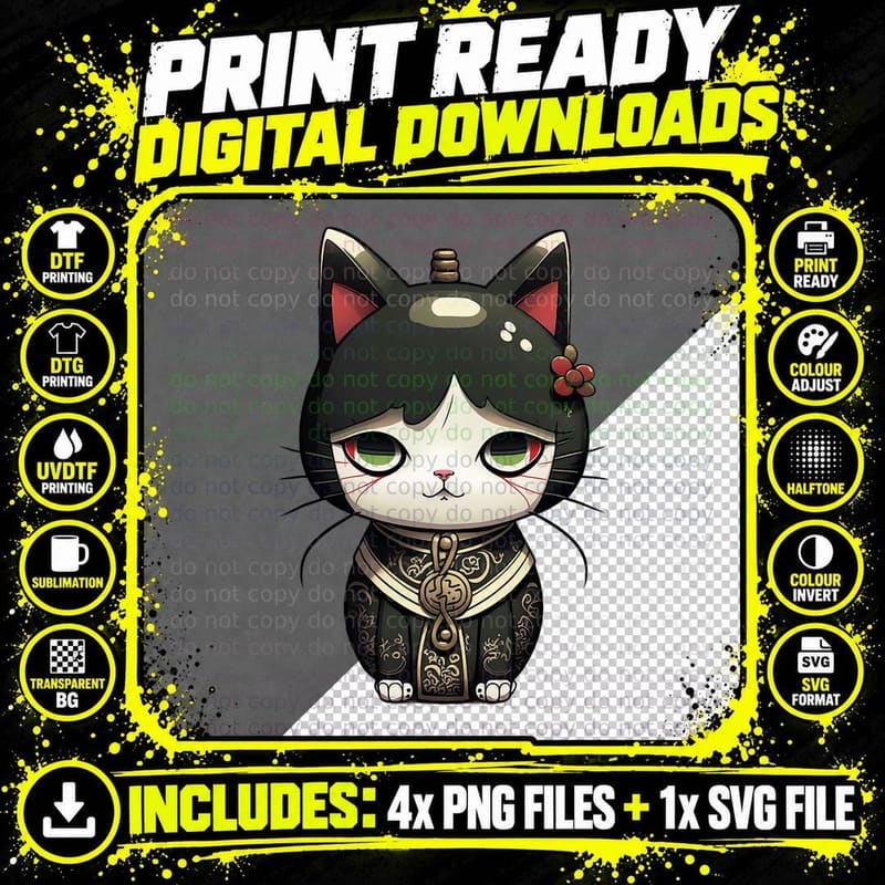 Maneki Neko - Goth Style Lucky Cat Png SVG Digital Bundle