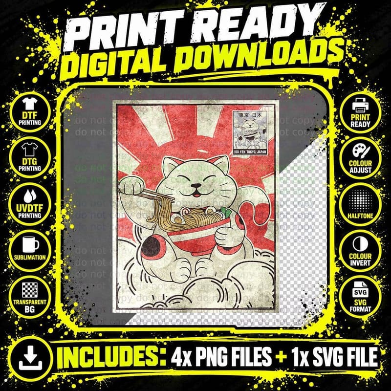 Maneki Neko Cat Ramen Japanese Aesthetic T-Shirt Png SVG Digital Bundle