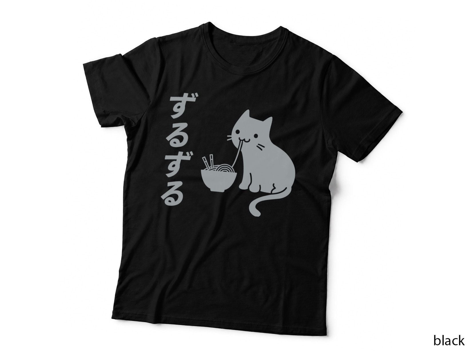 Mens Cute Cat Eating Ramen Neko Cat Jap Lucky Cat Sushi Food T-Shirt
