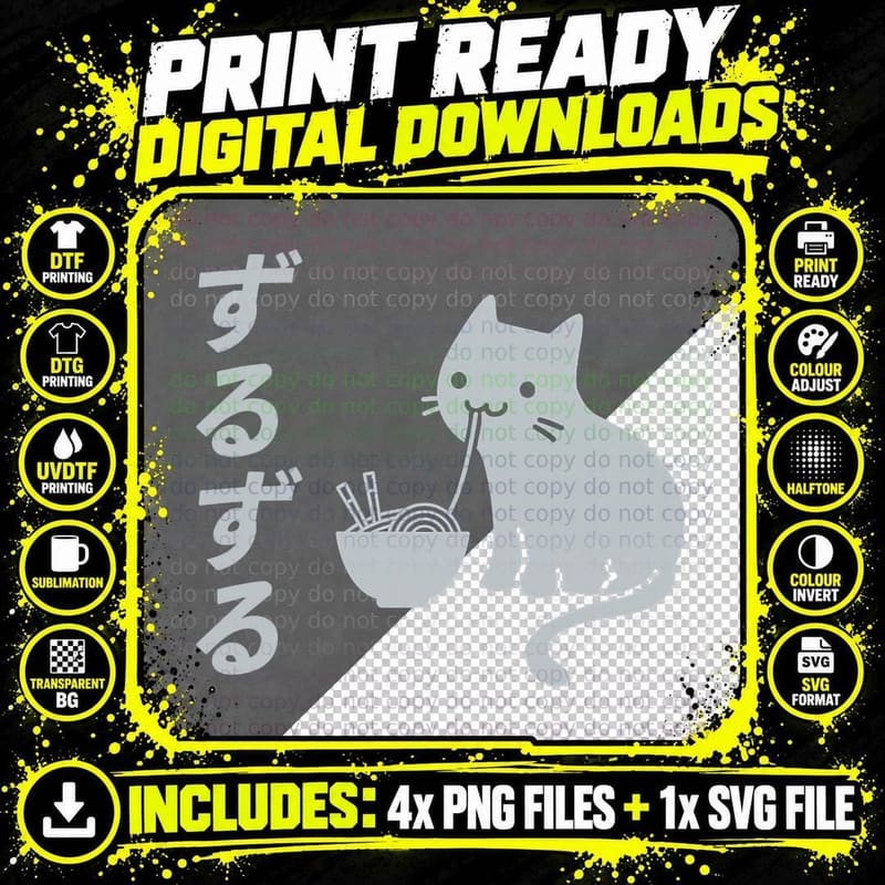 Mens Cute Cat Eating Ramen Neko Cat Jap Lucky Cat Sushi Png SVG Digital Bundle