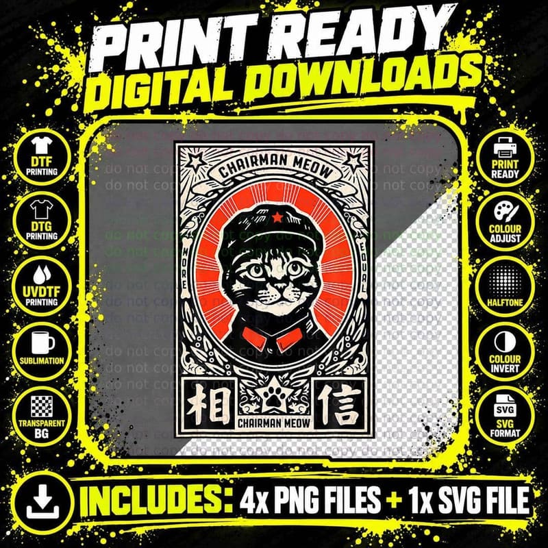 Meow Se Ung Chinese Mao Zedong Chairman Kitten Meme Cat Png SVG Digital Bundle