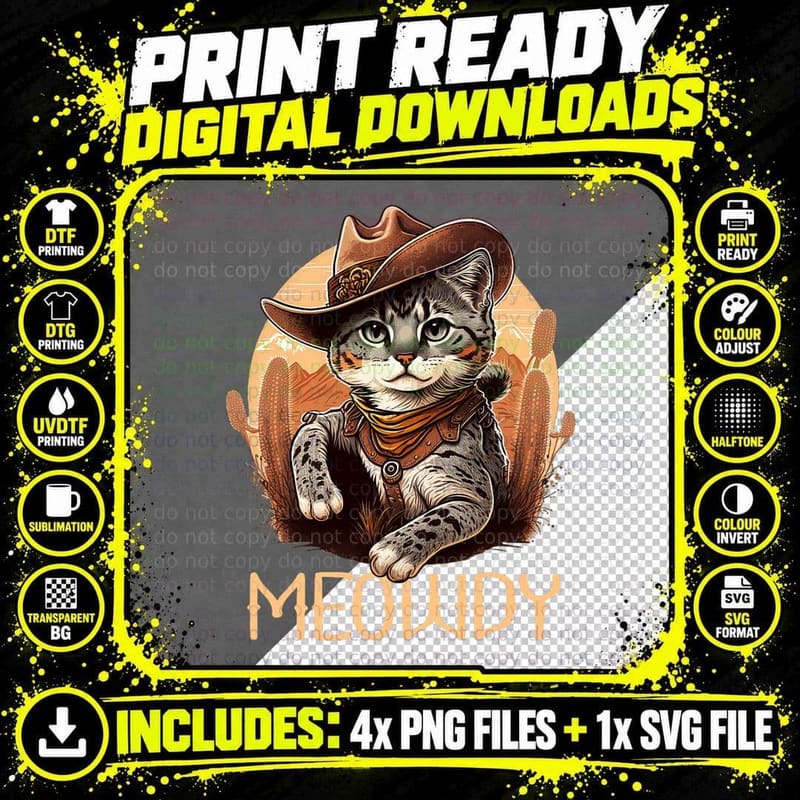 Meowdy Cat Funny Howdy Meme Western Cowboy Kitten T-Shirt Png SVG Digital Bundle