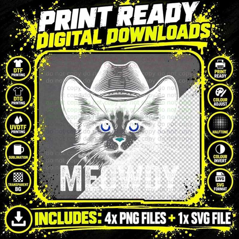 Meowdy Cat Mashup Between Meow and Howdy Funny Cat Meme Png SVG Digital Bundle