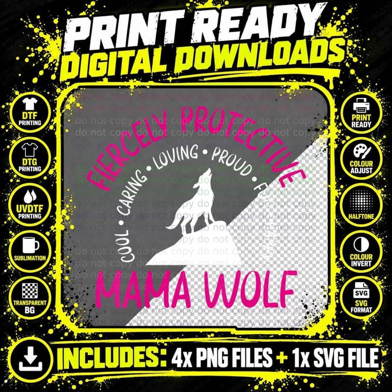 Mom Mothers Day Tshirt Fiercely Protective Mama Wolf Png SVG Digital Bundle