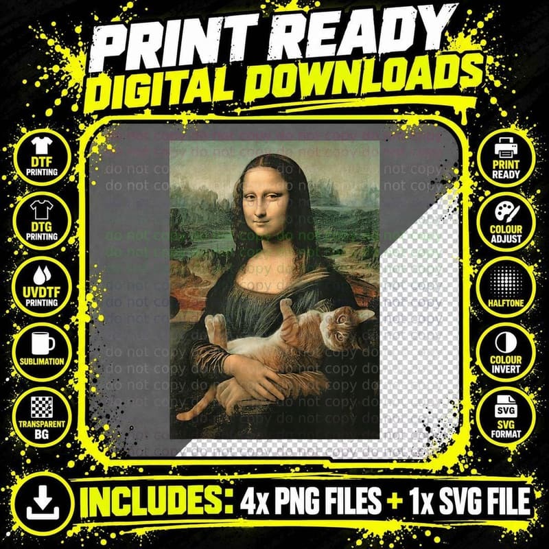 Mona Lisa with Orange Cat Funny Art Painting Png SVG Digital Bundle