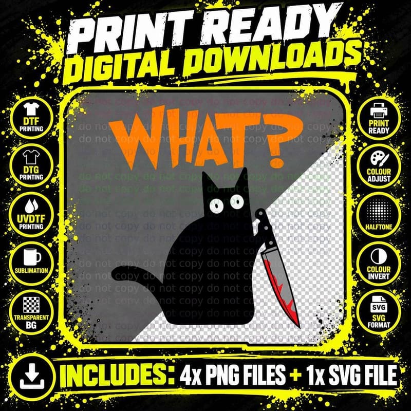 Murderous Cat with Bloody Knife Murderous Black Cat Meme Png SVG Digital Bundle