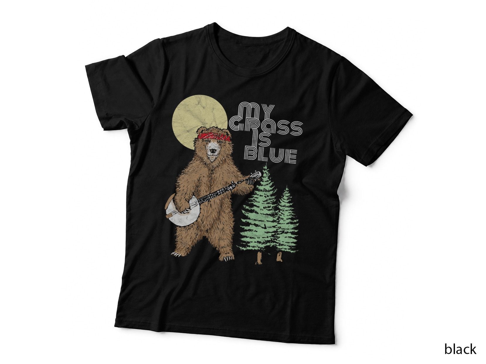 My Grass Is Blue Banjo Bear & Mountains - Funny Retro Style T-Shirt