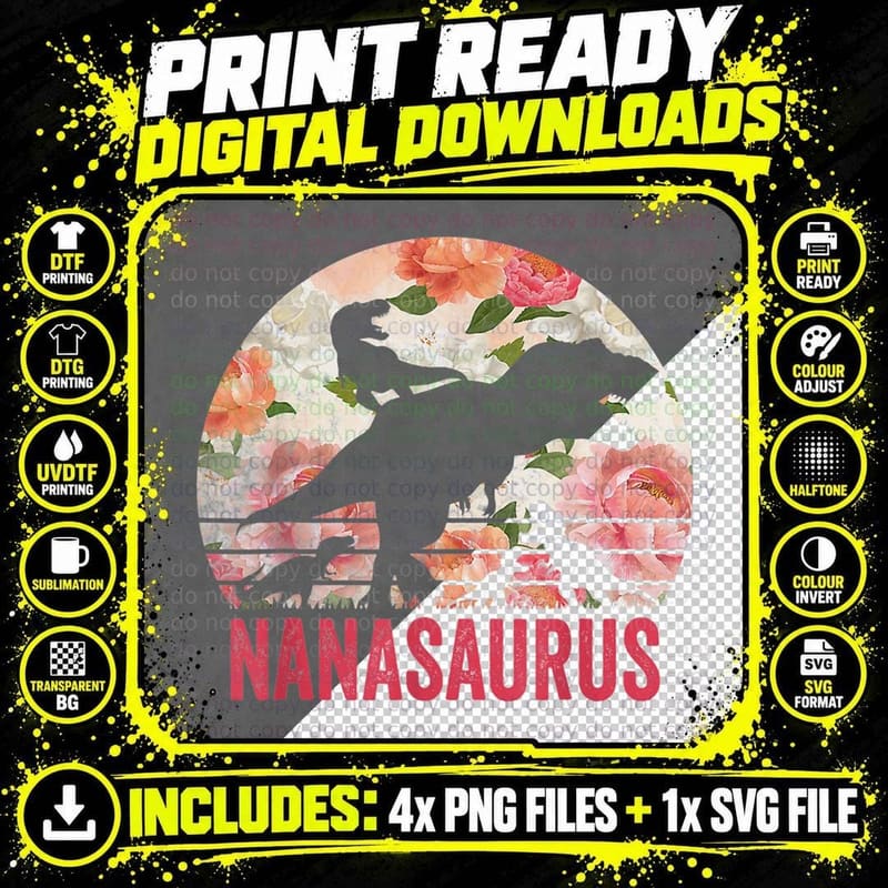 Nanasaurus - Dinosaur Flowers 4 Kids Grandma Mothers Day Png SVG Digital Bundle