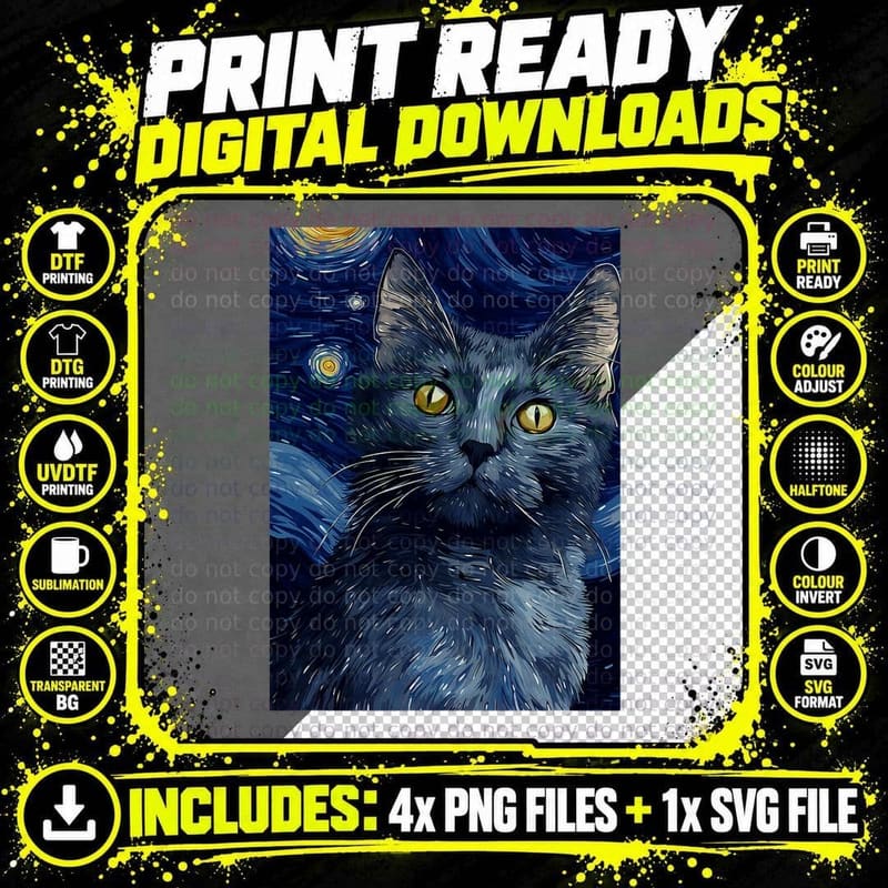 Nebelung Cat Starry Night Painting Men Women Kids T-Shirt Png SVG Digital Bundle