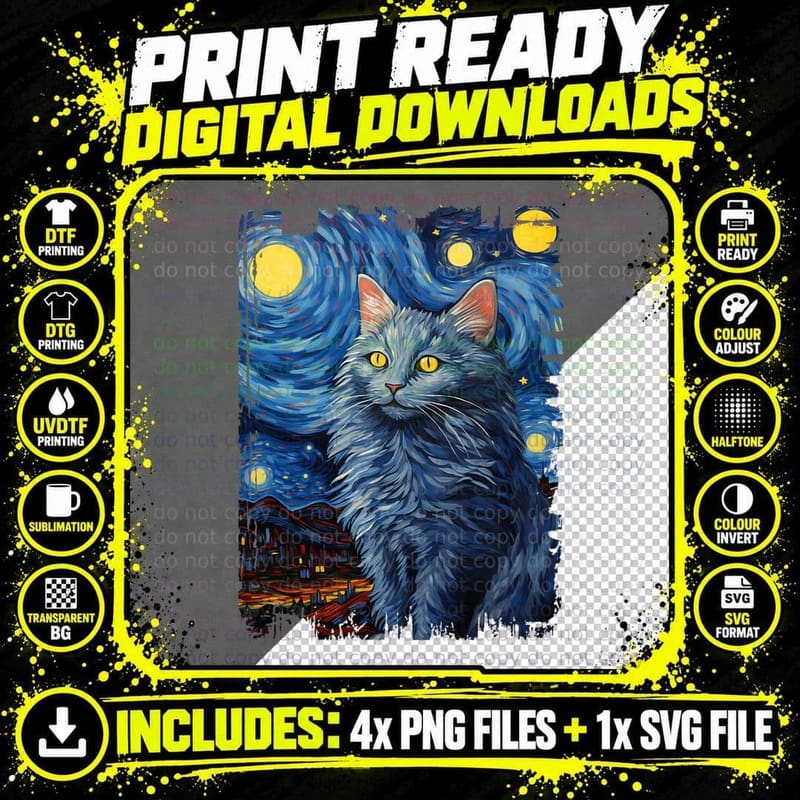 Nebelung Cat Starry Night Painting Mom Dad T-Shirt Png SVG Digital Bundle