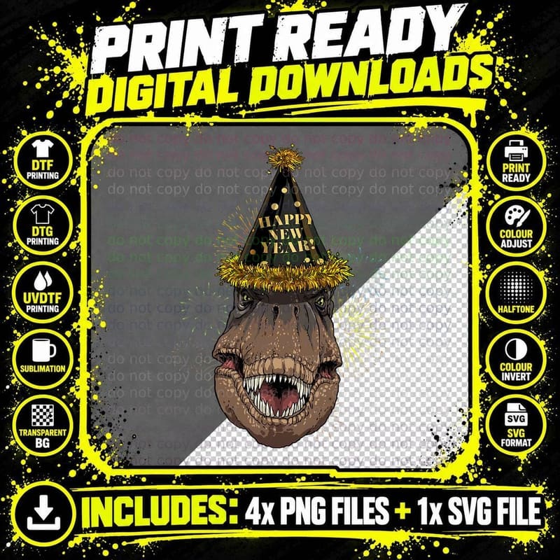 New Year T Rex Dinosaur New Year's Eve Party Countdown Png SVG Digital Bundle